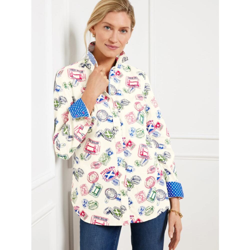 Talbots Travel Stamp Print Button Front Shirt White Multi Long Sleeve Size M NWT